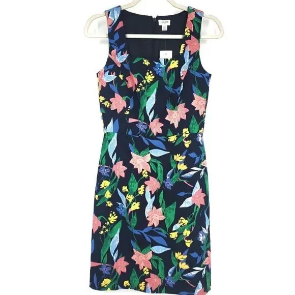 J.Crew Factory Floral Basketweave Square Neck Sheath Dress Navy - Picture 5 of 10